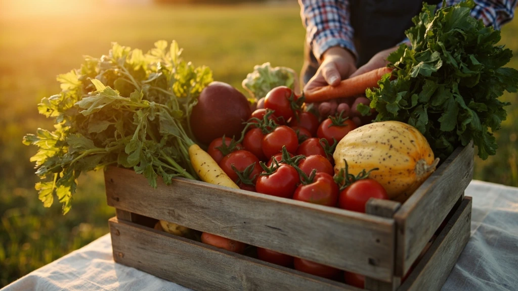 A wooden crate of just-picked heirloom tomatoes, basil and summer vegetables on a linen cloth.