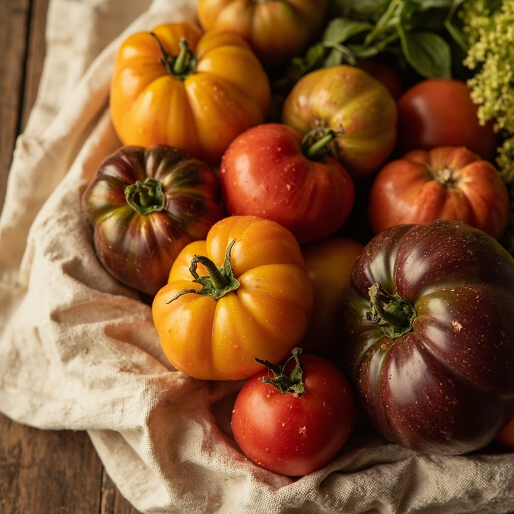 Heirloom tomatoes in three colors on linen.
