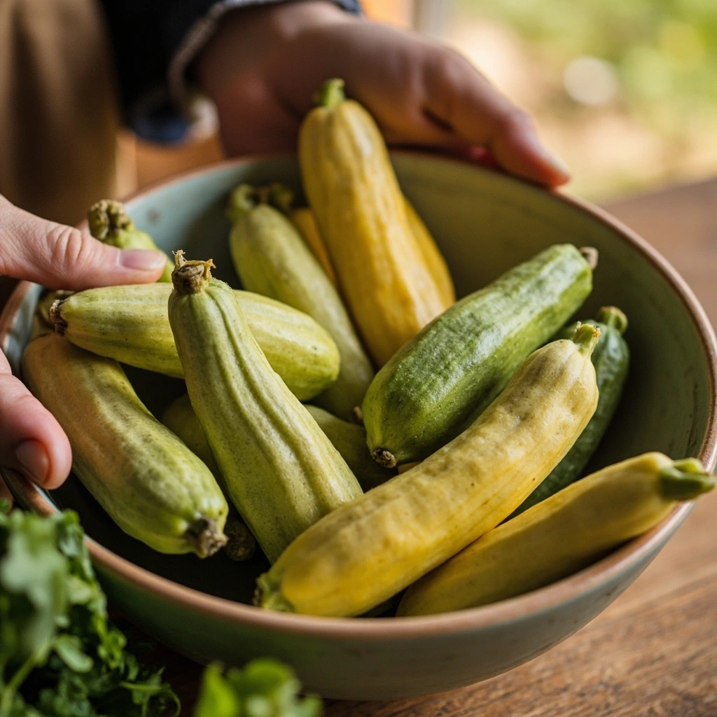 Summer squash and zucchini in a ceramic bowl.