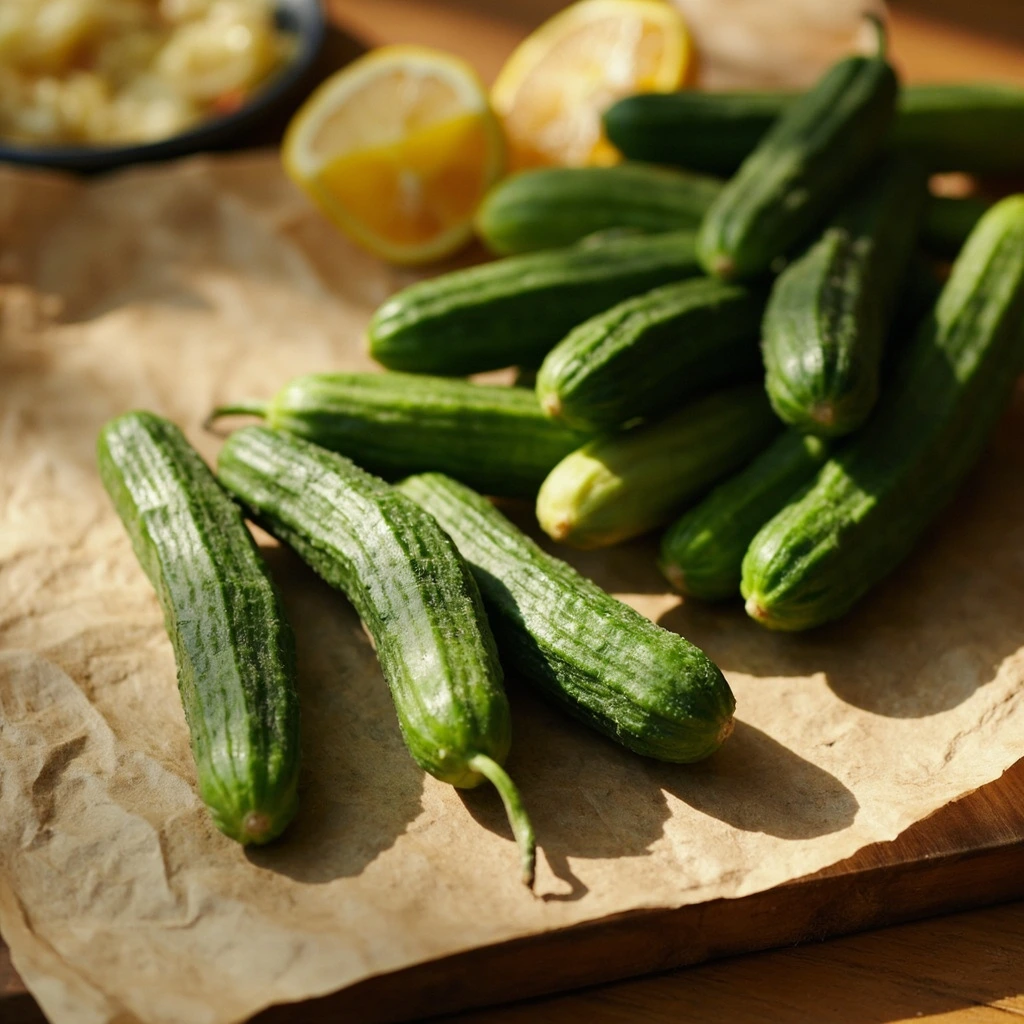 Pickling cucumbers on a wooden board.