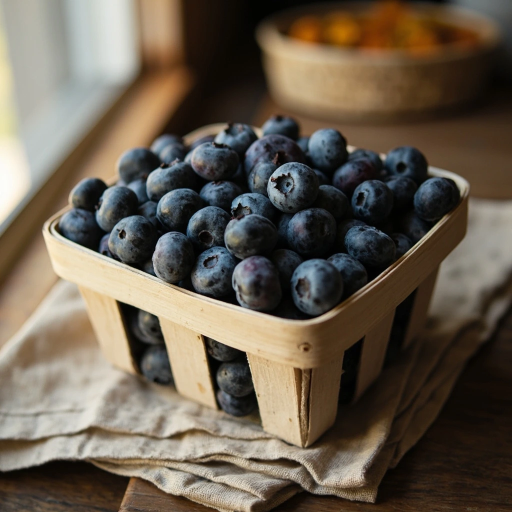 A basket of just-picked blueberries.