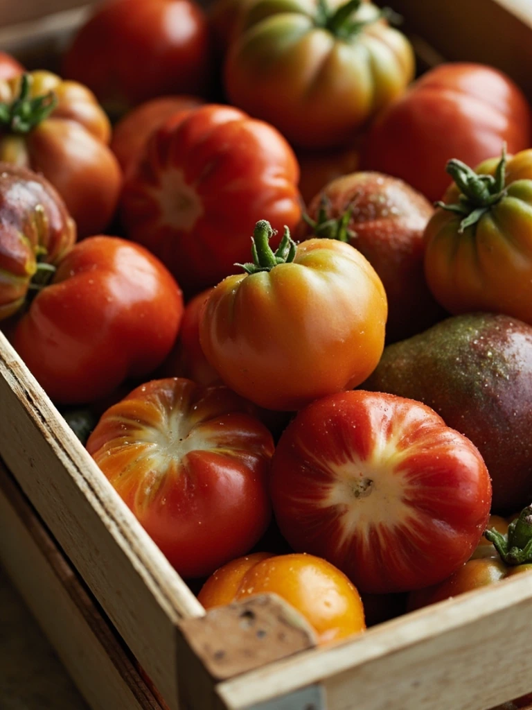 Heirloom tomatoes in varied colors filling a wooden crate