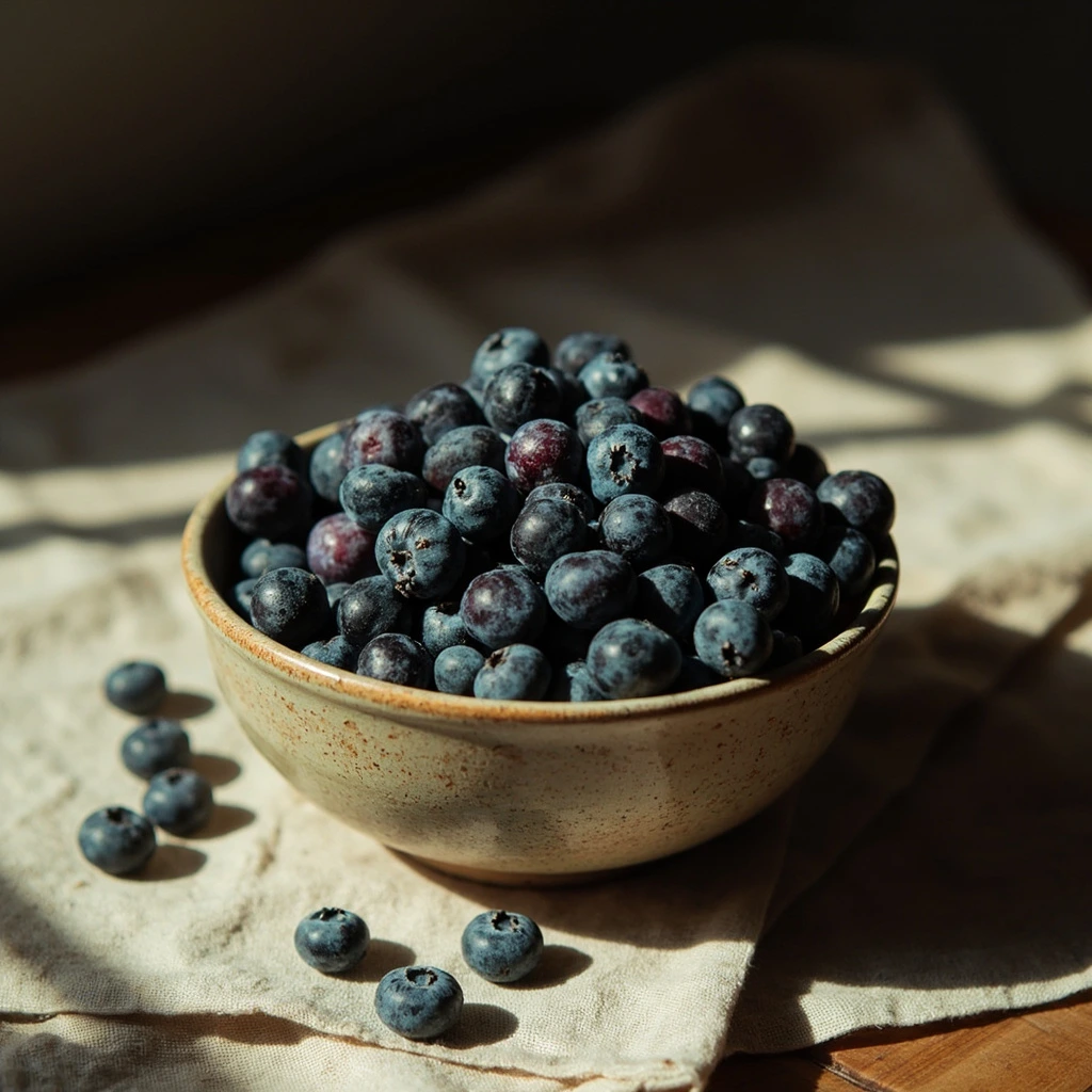 A ceramic bowl filled with wild blueberries