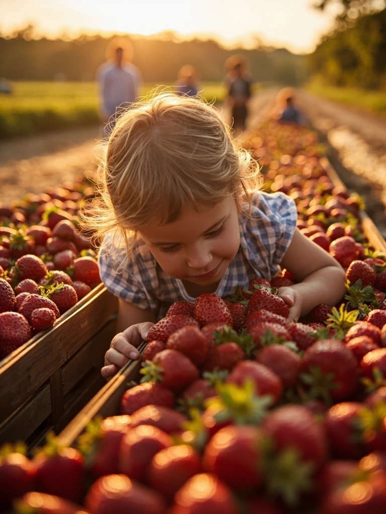 Hands picking strawberries in a June row