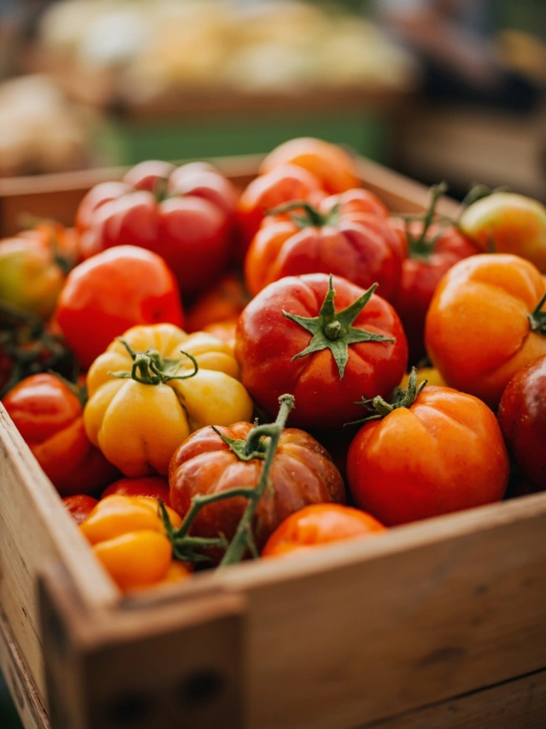Heirloom tomatoes in a wooden crate